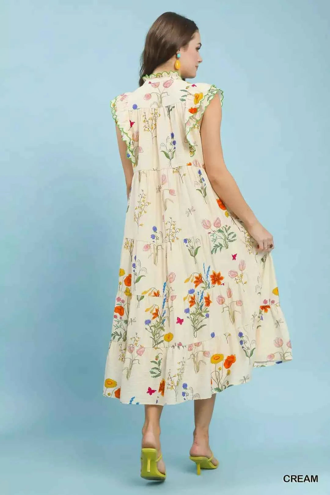 Floral ruffle tiered midi dress with scalloped detail — additional view 3