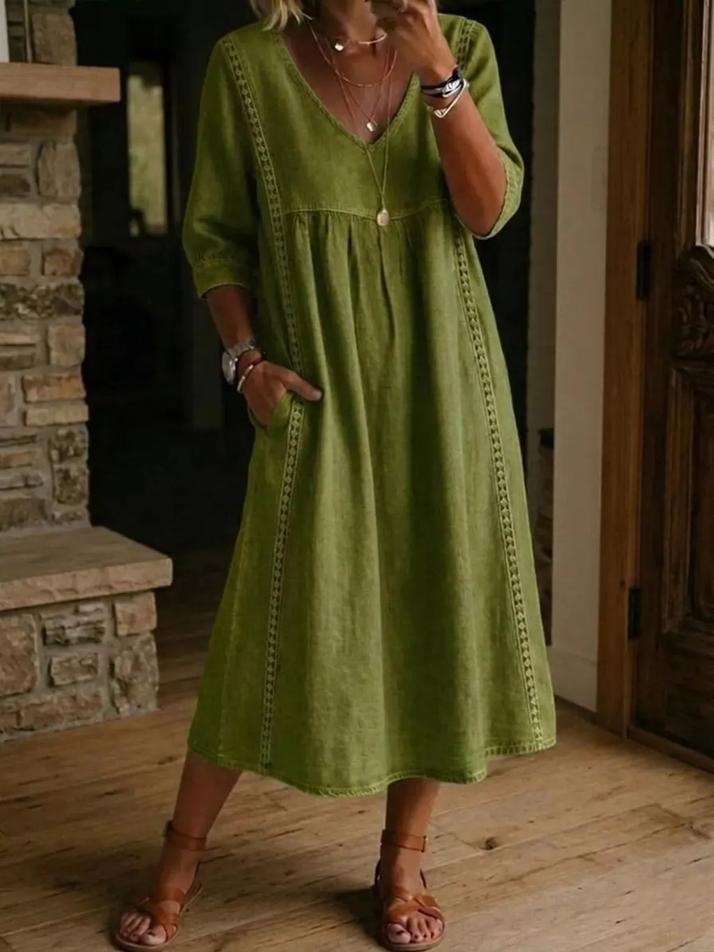 Full Size V-Neck 3/4 Sleeve Midi Dress Plus Size — additional view 3