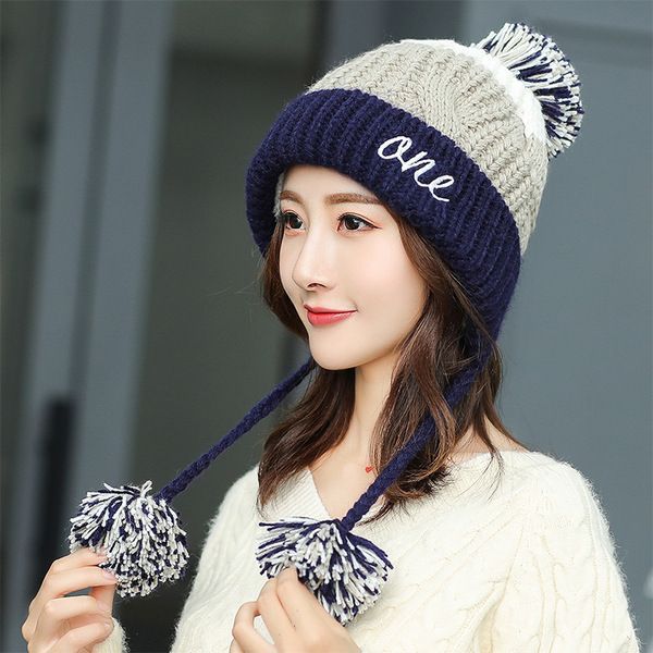 Navy Blue fleece lined pom pom wool hat for women
