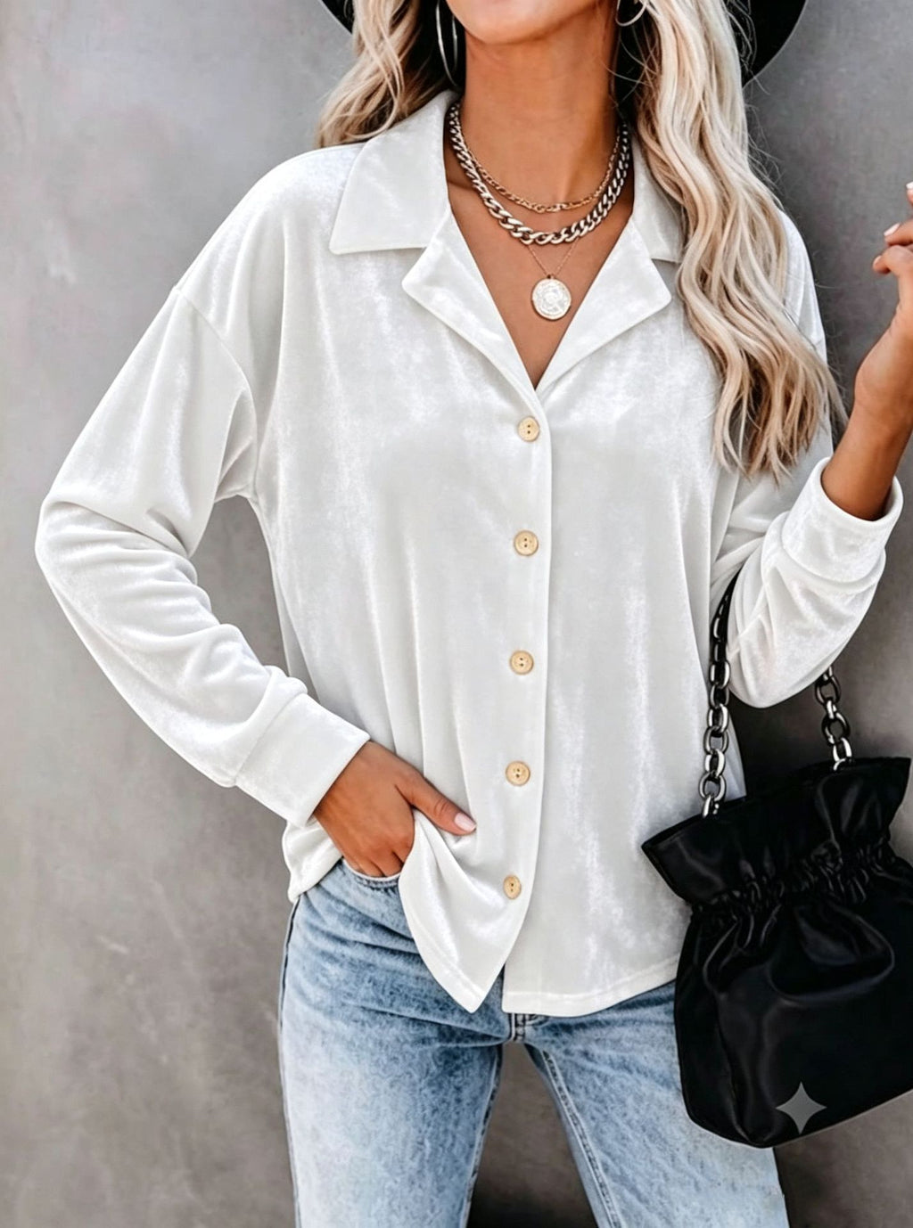 Product detail photo of Button Up Velvet Long Sleeve Shirt, Women’s Shirt, button up velvet long sleeve shirt, everyday style