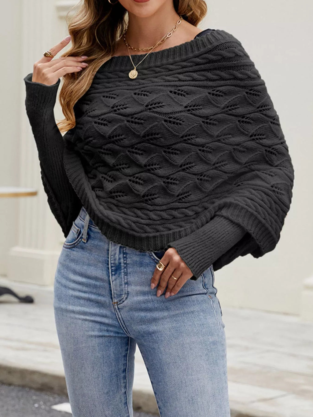 Cable Knit Batwing Sleeve Sweater view 2
