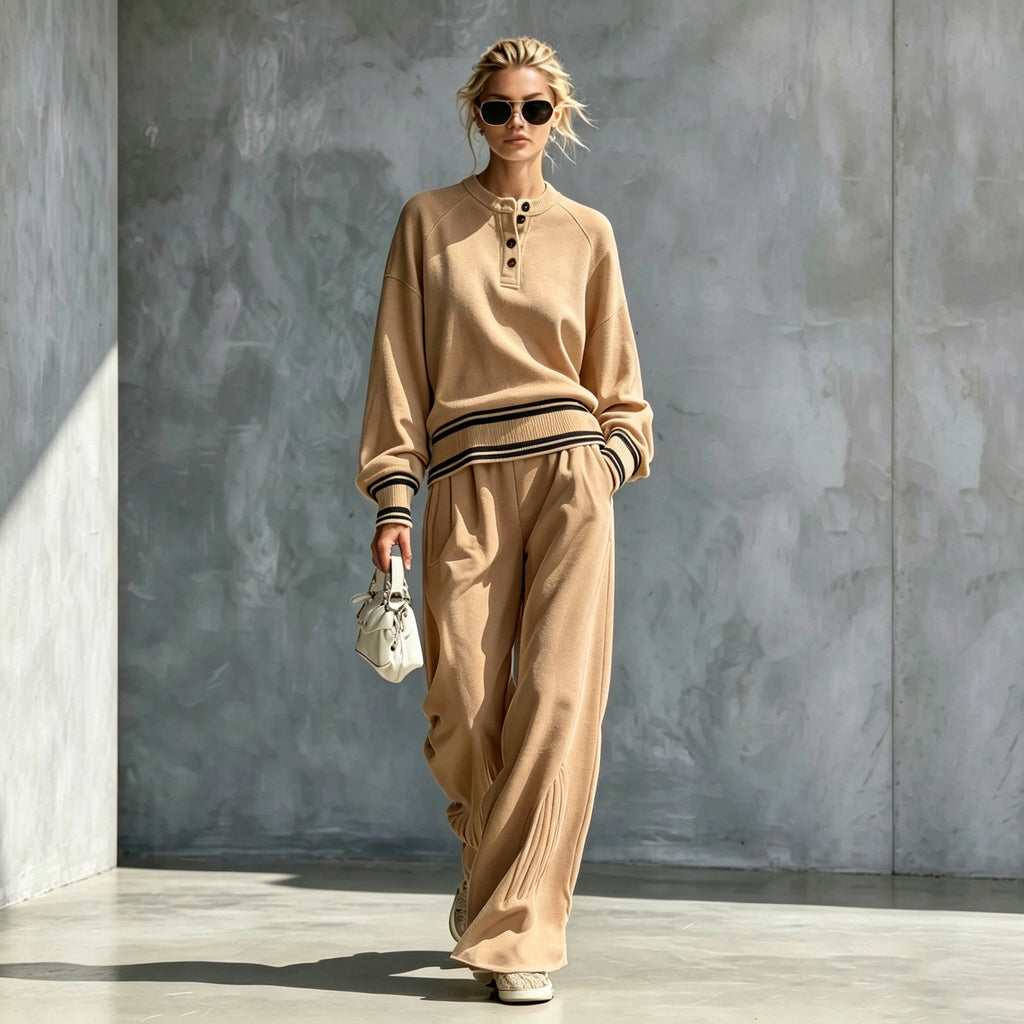 Camel button-neck top and wide-leg pants set with striped trim, worn by a model