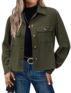 Army Green corduroy button-down cropped jacket for women