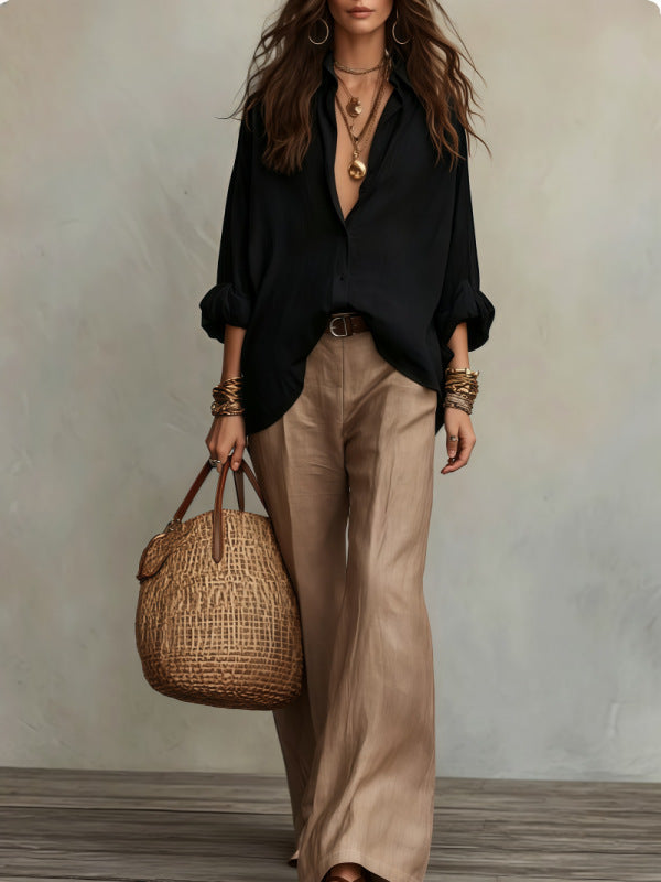 Product detail photo of Linen Shirt and Wide Leg Pants Set, Women’s Clothing Set, linen shirt and wide leg pants set, everyday style