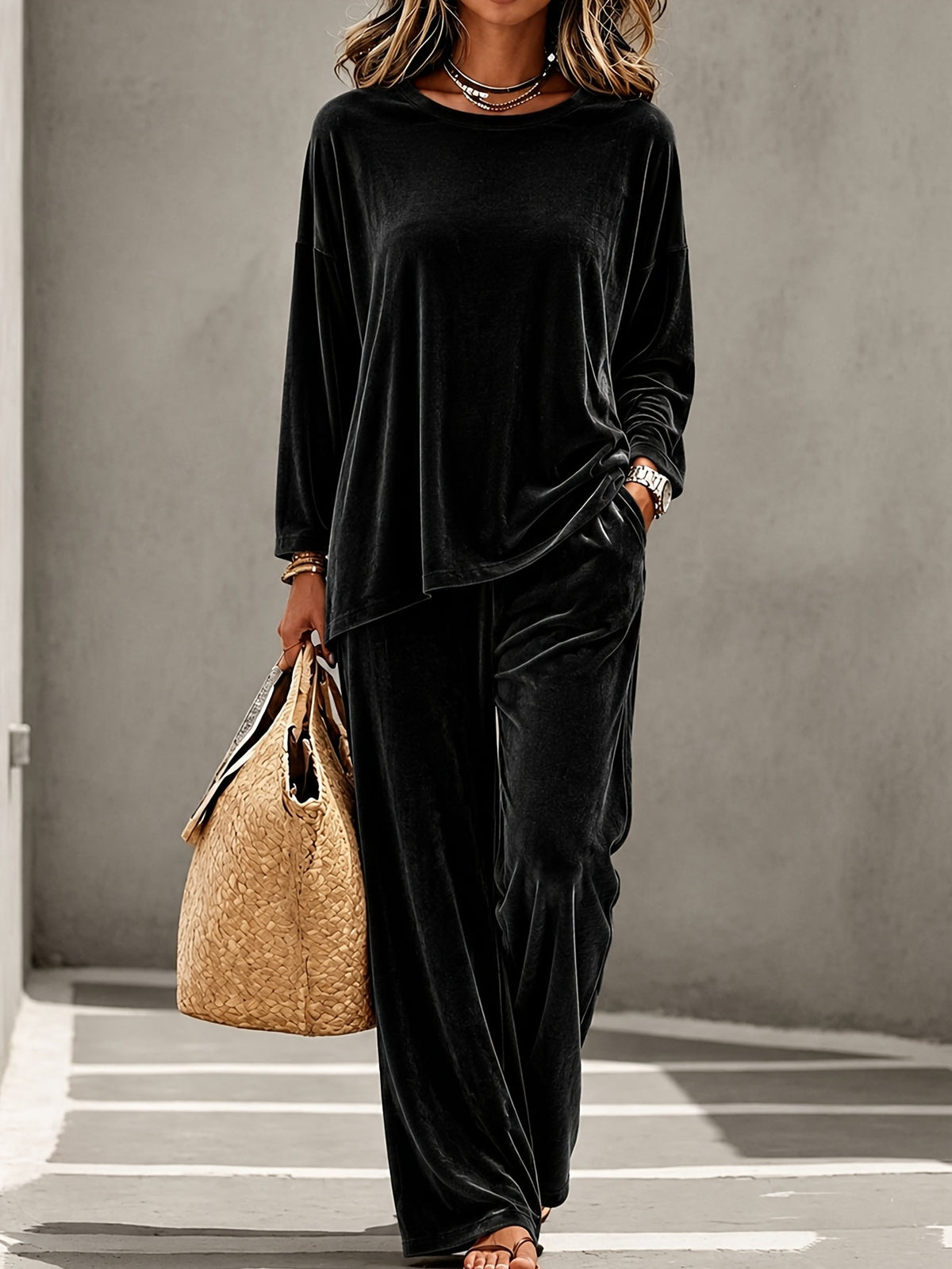 Black round neck top and pants set for women