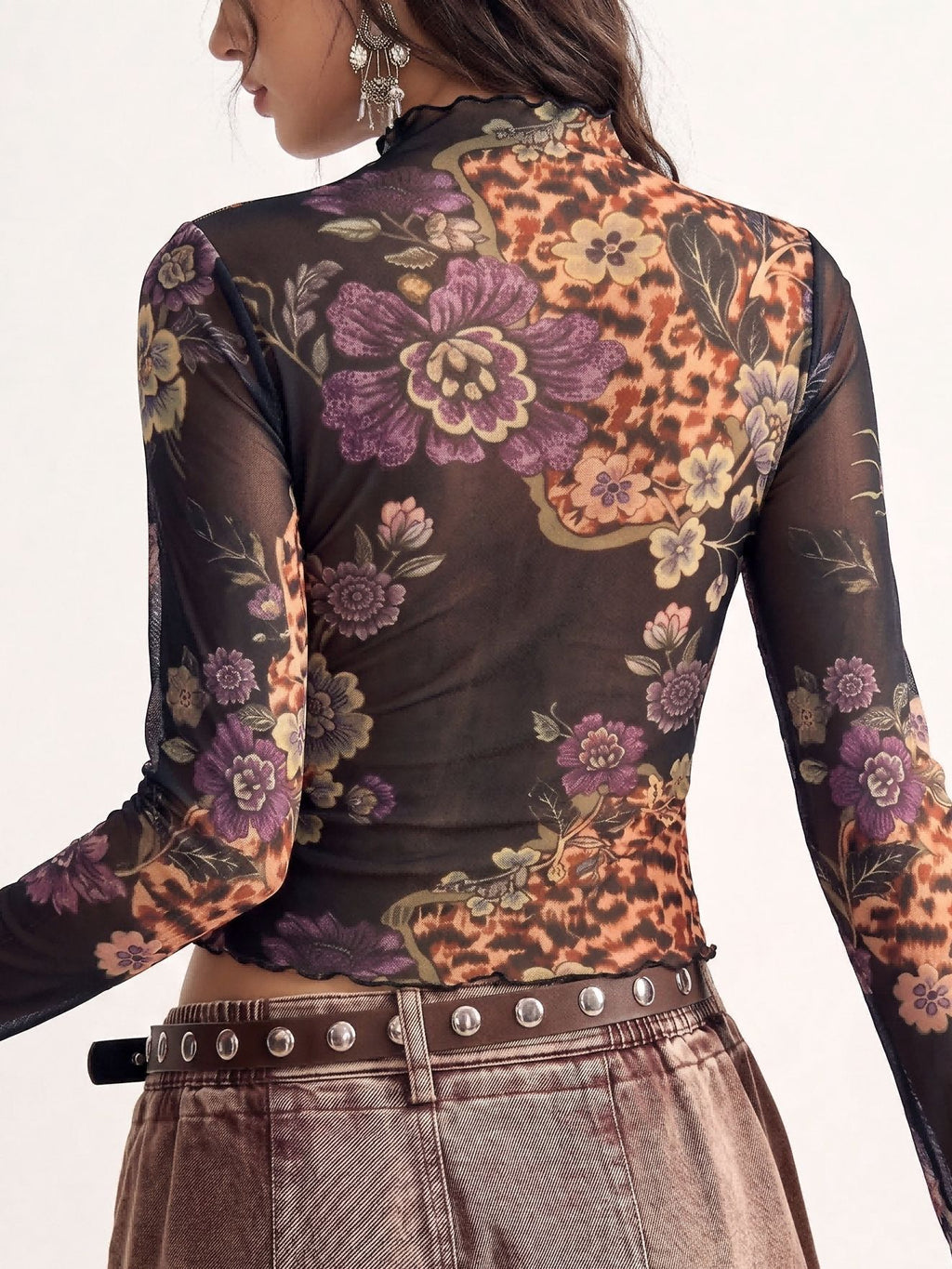 Vintage floral mesh top - slim fit long sleeve tee for women, image 3