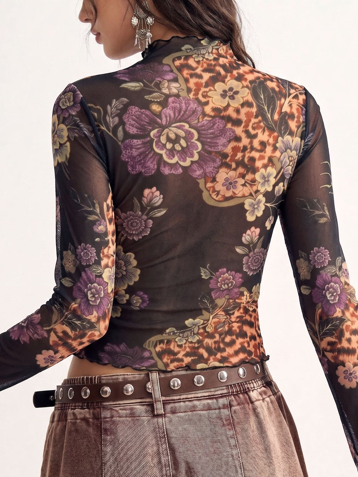Vintage floral mesh top - slim fit long sleeve tee for women, image 3