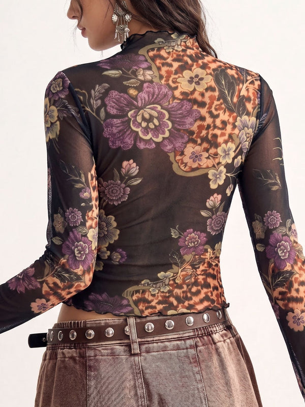 Vintage floral mesh top - slim fit long sleeve tee for women, image 3