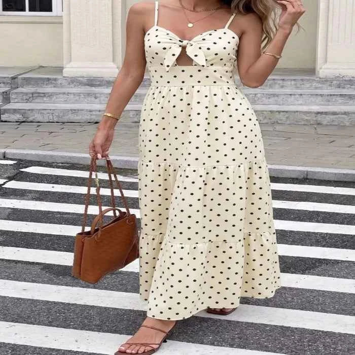 Polka dot tie-front cutout maxi dress — primary view