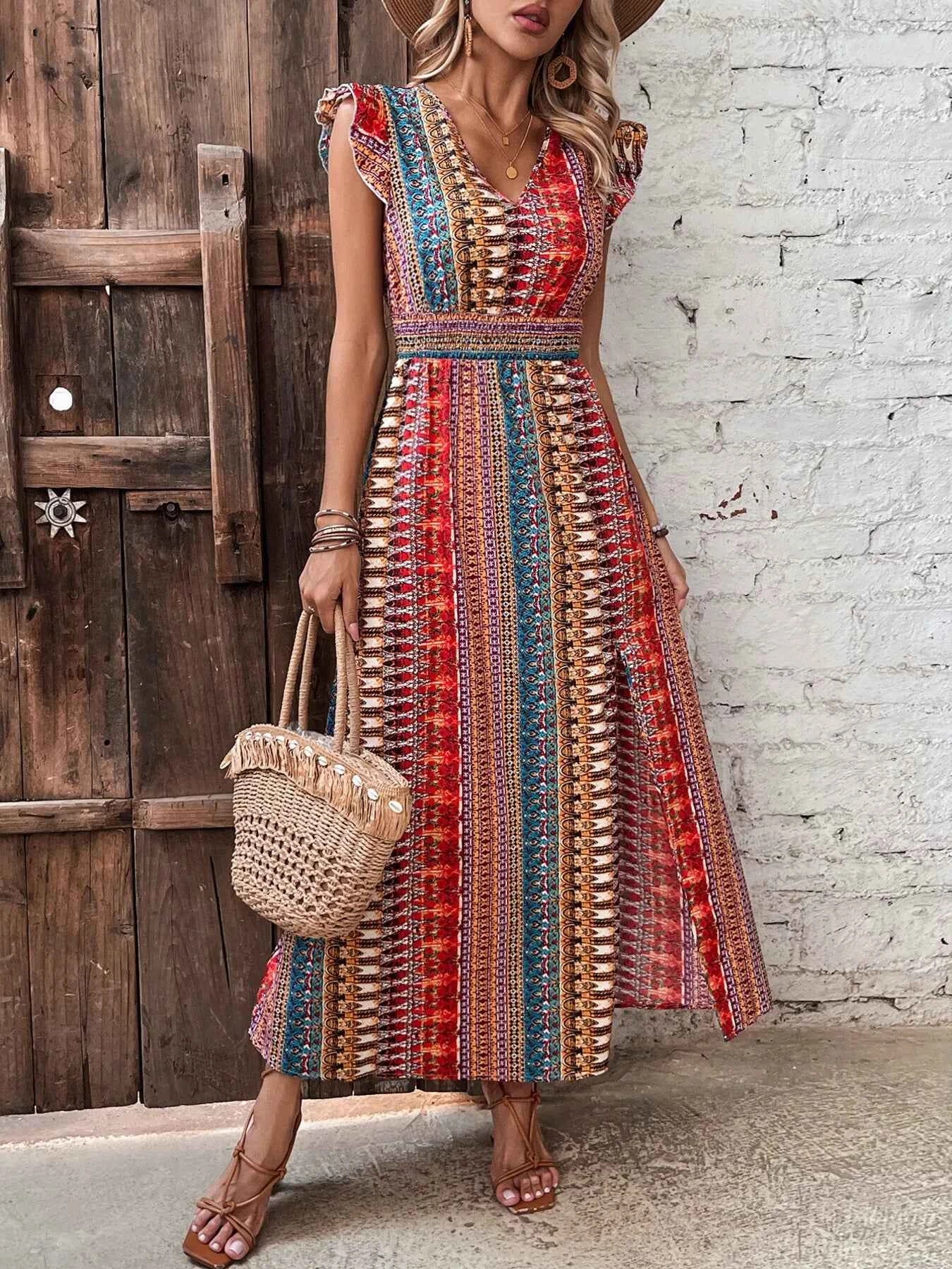 Boho print ruffle sleeve slit dress — additional view 4