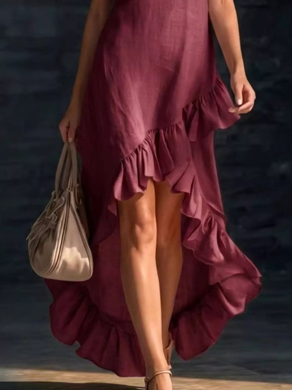 Full Size V-Neck Ruffle Hem High-Low Dress Plus Size — additional view 4