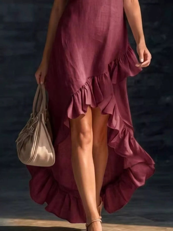 Full Size V-Neck Ruffle Hem High-Low Dress Plus Size — additional view 4