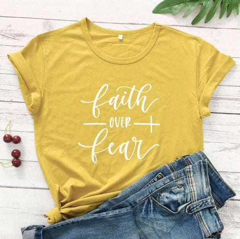 Faith Over Fear Christian T-Shirt for Women, angled product view