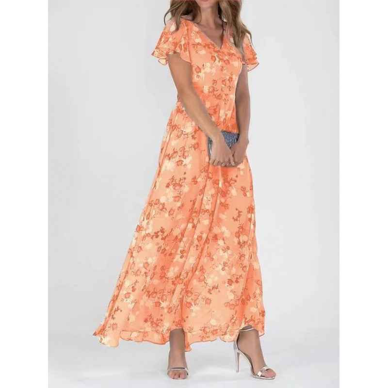Floral Print Off-Shoulder Chiffon Maxi Dress-Dresses-Splashis-Color:Orange-Size:2XL-Splashis