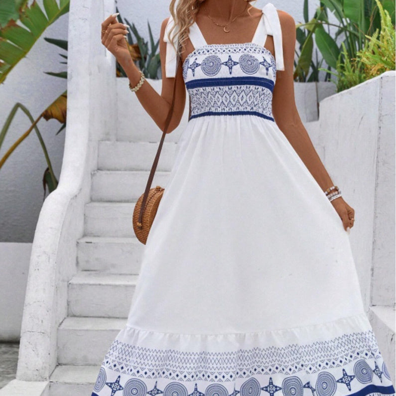 Women's Geometric Print Strappy Midi Dress, shown in a clear product image