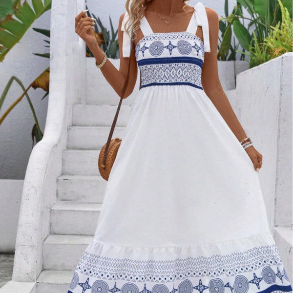Women's Geometric Print Strappy Midi Dress, shown in a clear product image