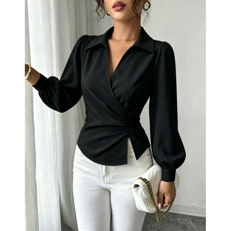 Product detail photo of Cinched Waist Irregular V Neck Top, Women’s Top, everyday style