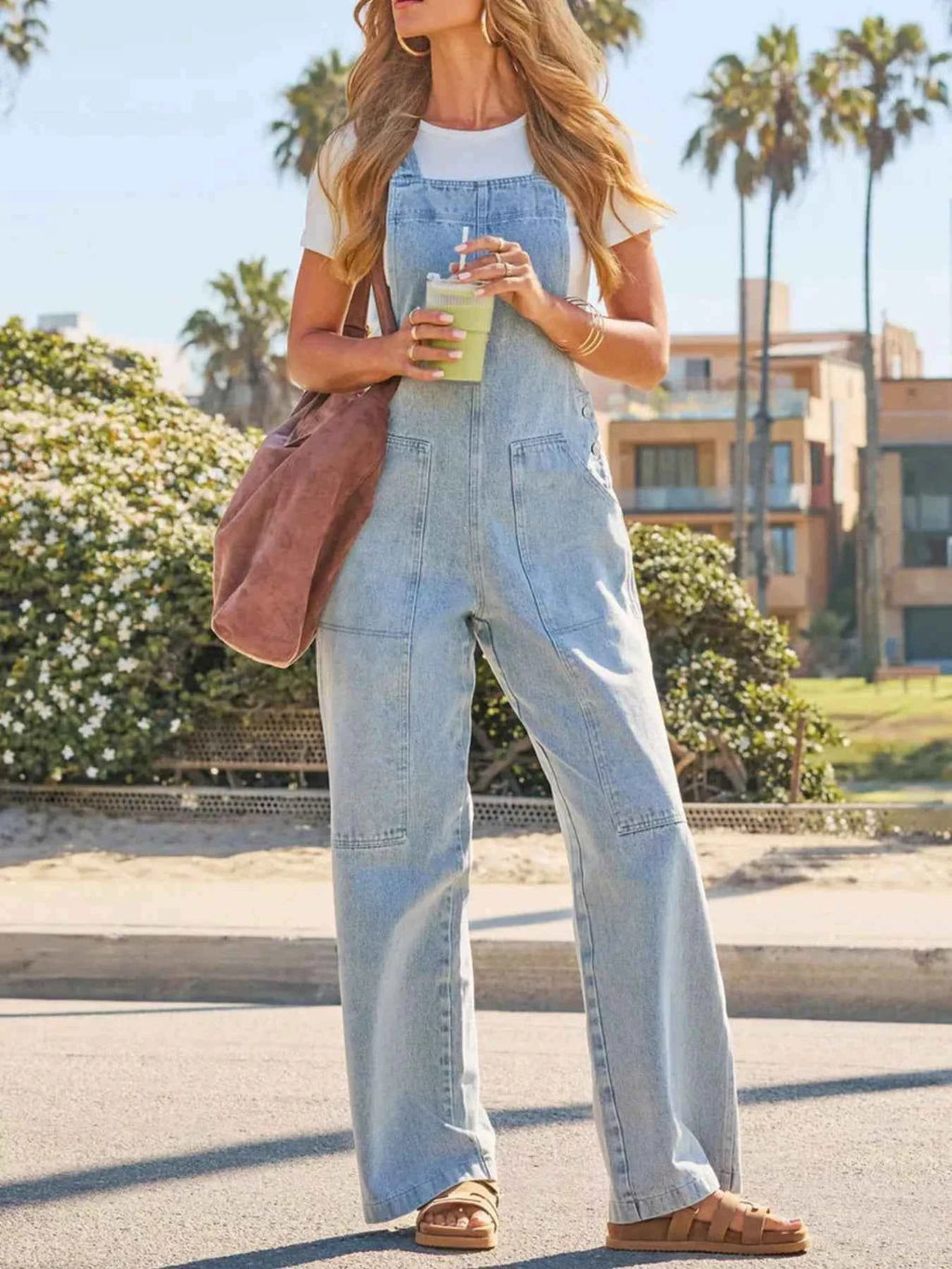 Washed wide-leg denim overalls — additional view 3