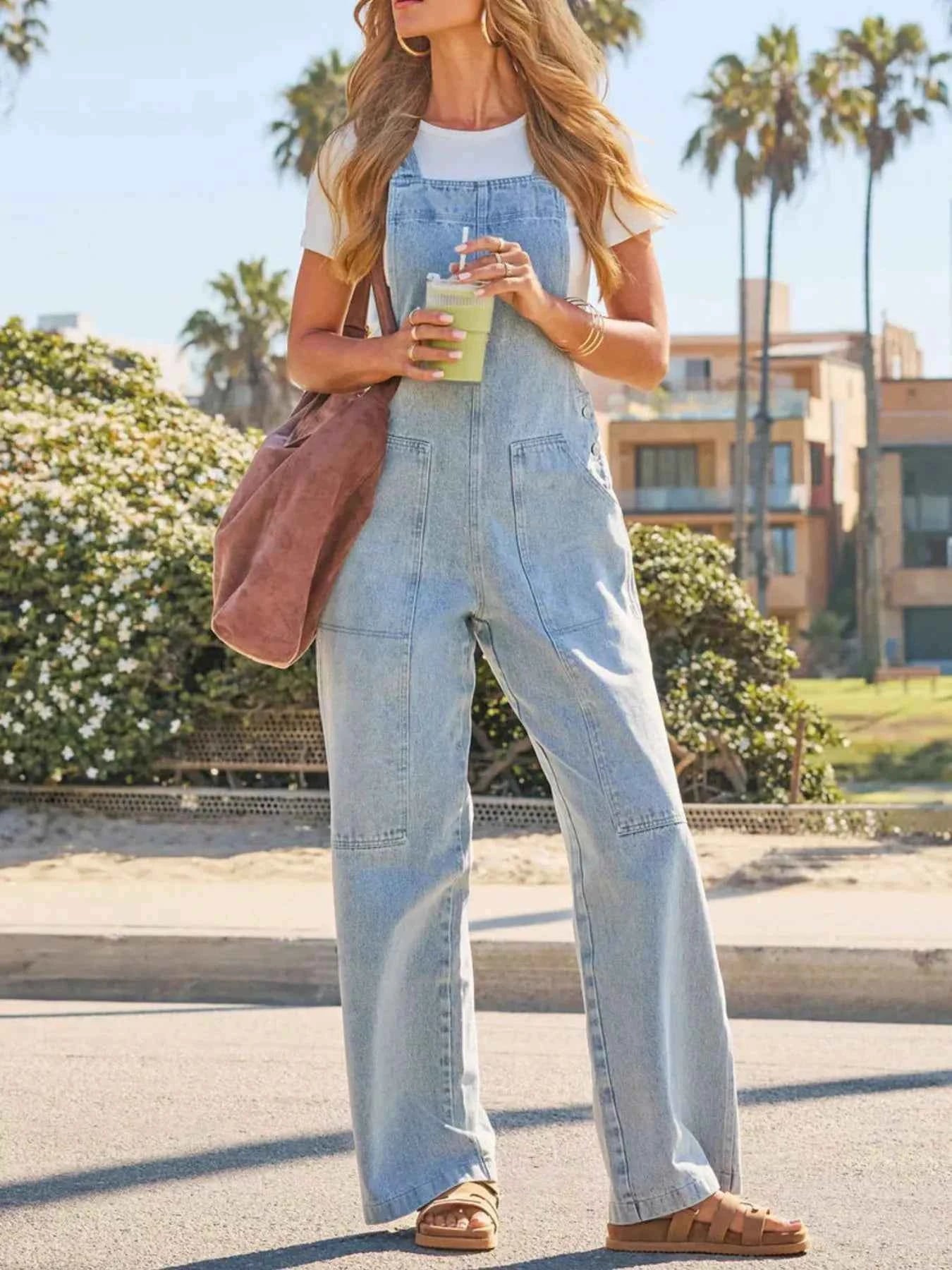 Washed wide-leg denim overalls — additional view 3