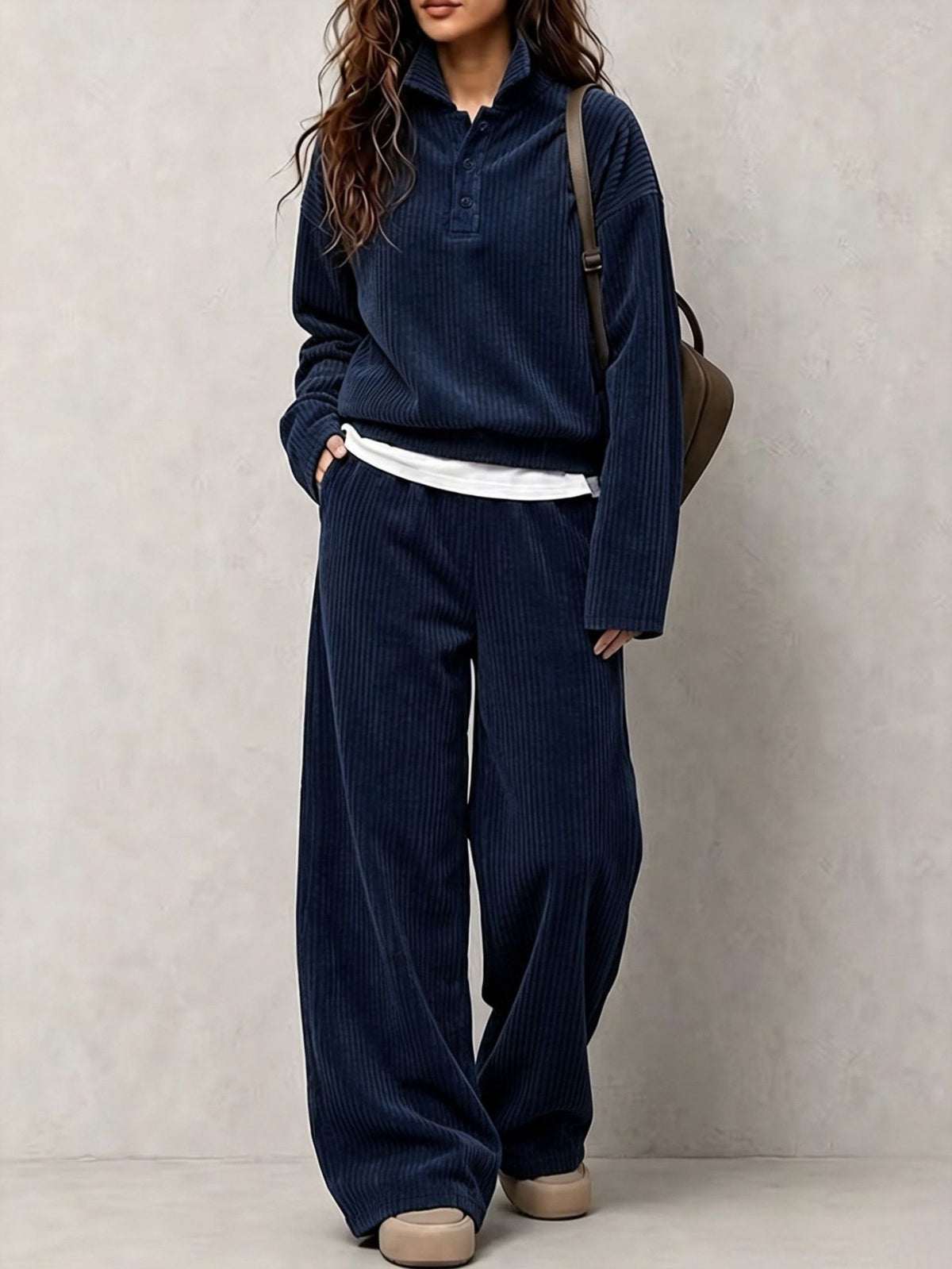 Cross-border Women's Corduroy Set, Long-sleeved Top, Casual Wide-leg Pants, Loose-fitting, Age-reducing Sweatshirt And Sweatpants Two-piece Set product image
