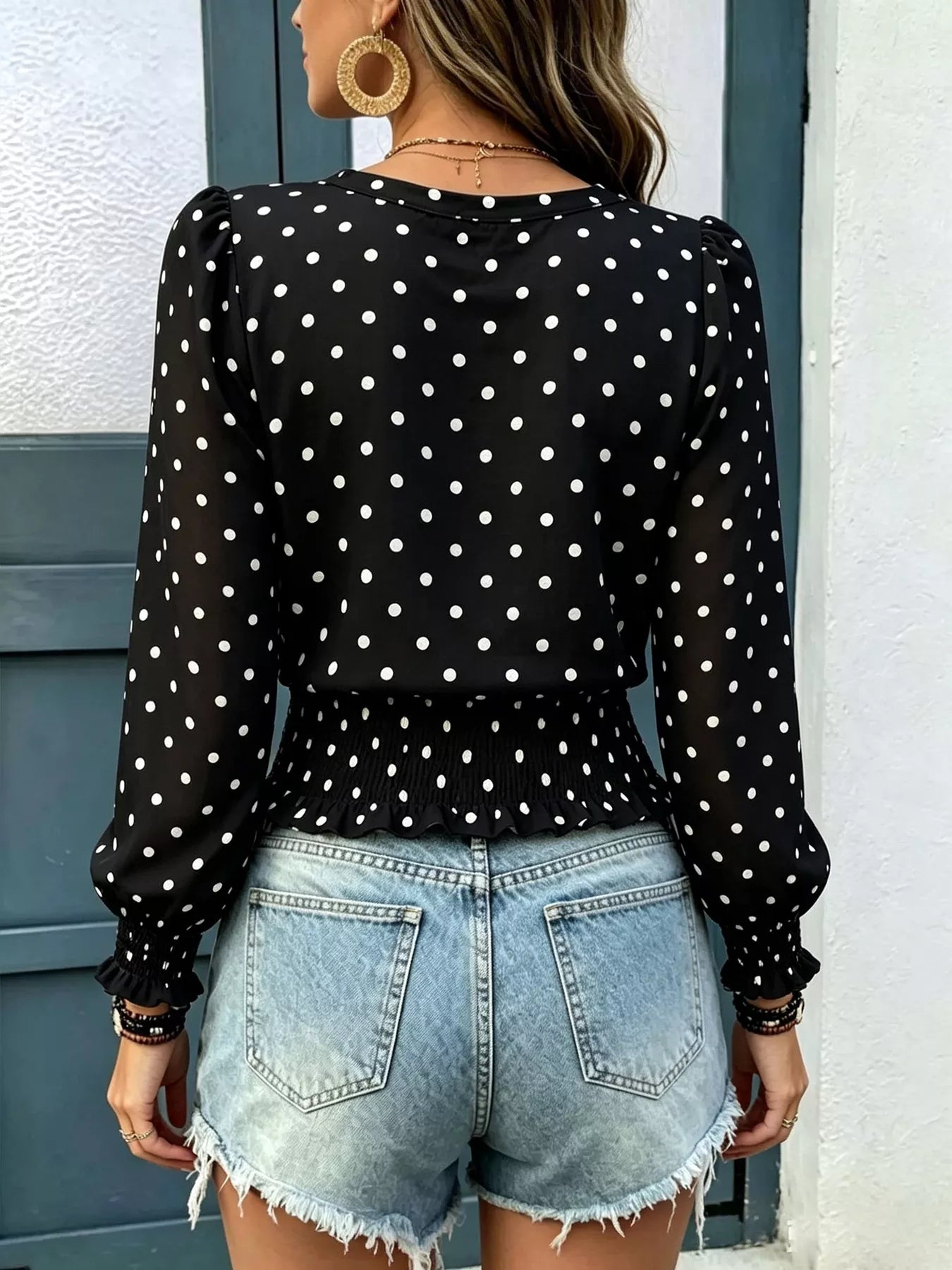 Polka dot V-neck smocked blouse — additional view 7