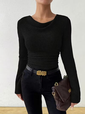 Black solid color long sleeve knit sweater for women