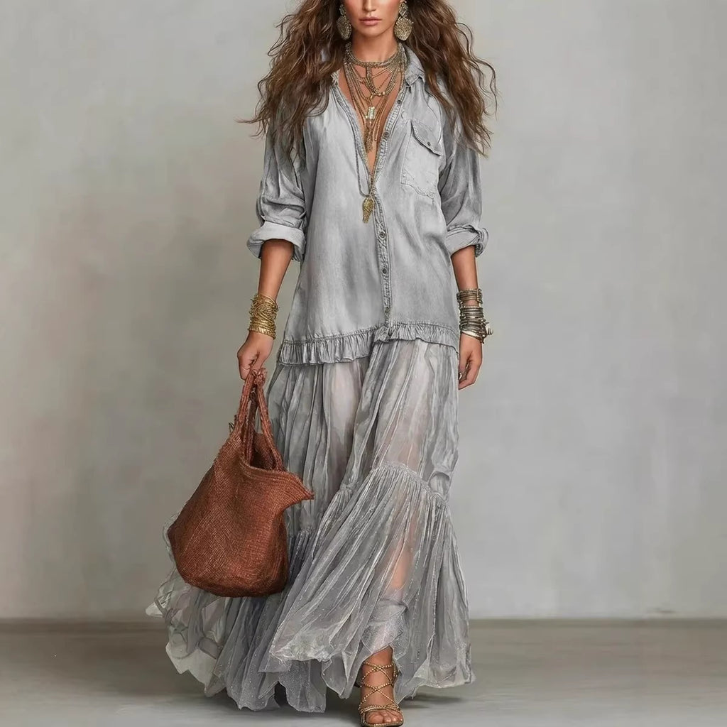 Product detail photo of Faux Denim Lapel Maxi Dress, faux denim lapel maxi dress, everyday style