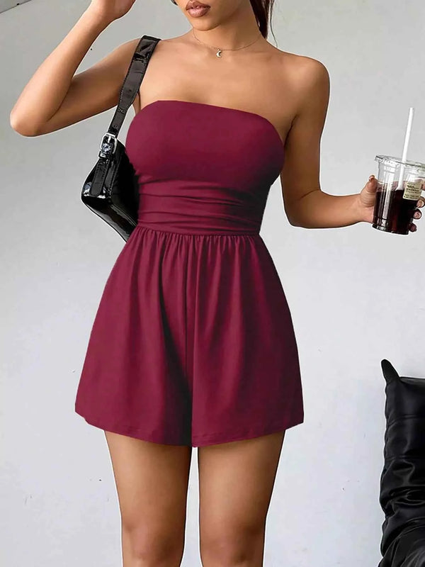 Flattering Ruched Waist Romper-Romper-Splashis-Color:Burgundy-Size:2XL-Splashis
