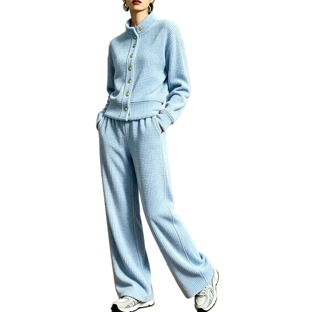 Women's waffle knit cardigan and wide-leg pants set