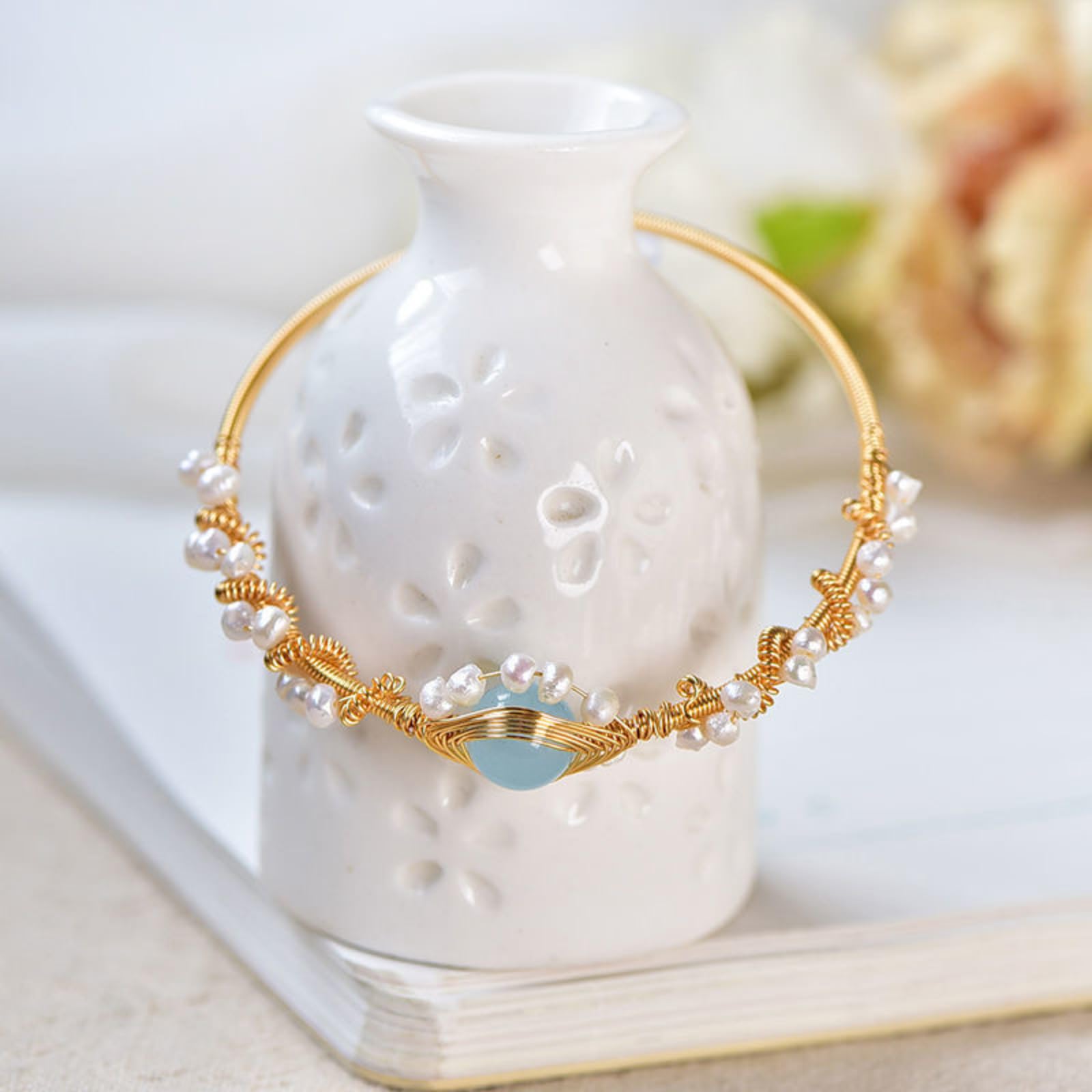 Product detail photo of Gold Tone Pearl Braided Bracelet, gold tone pearl braided bracelet