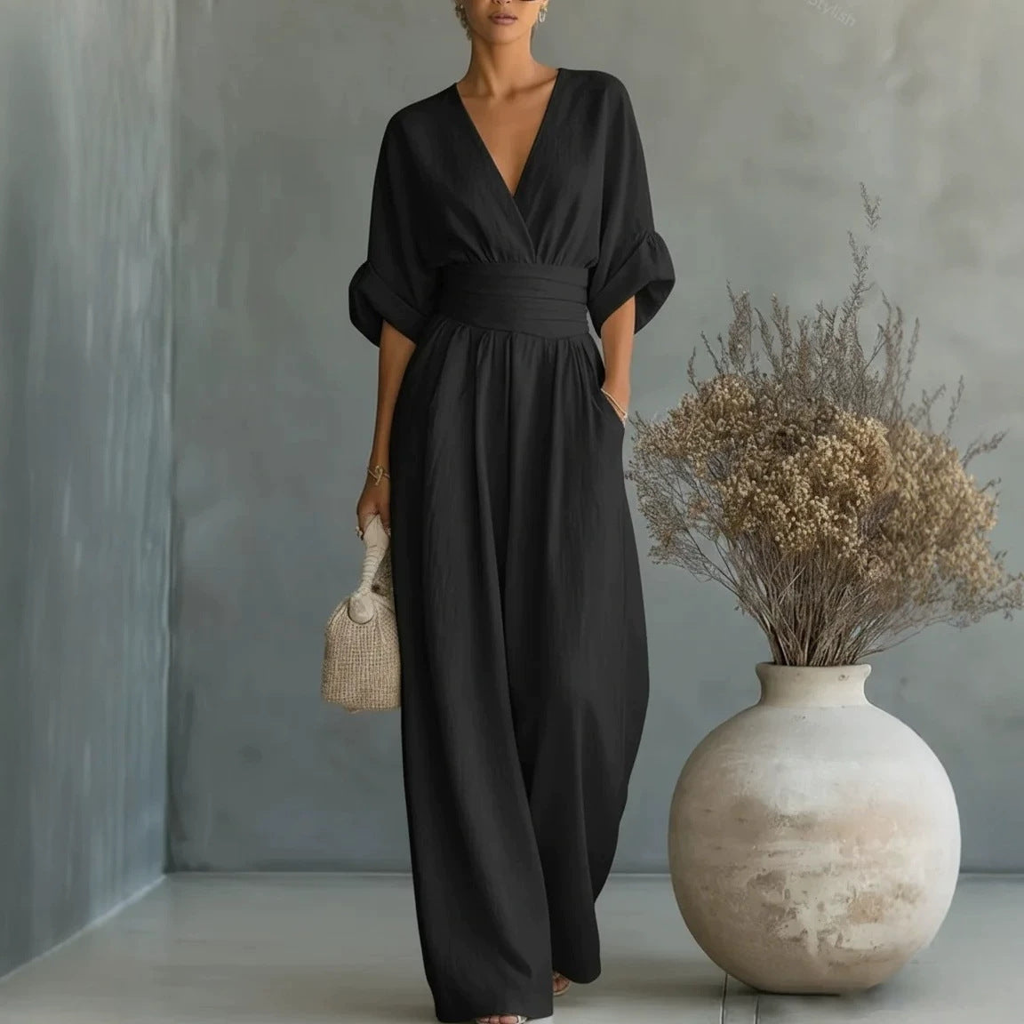 Short-sleeve V-neck wide-leg jumpsuit product image