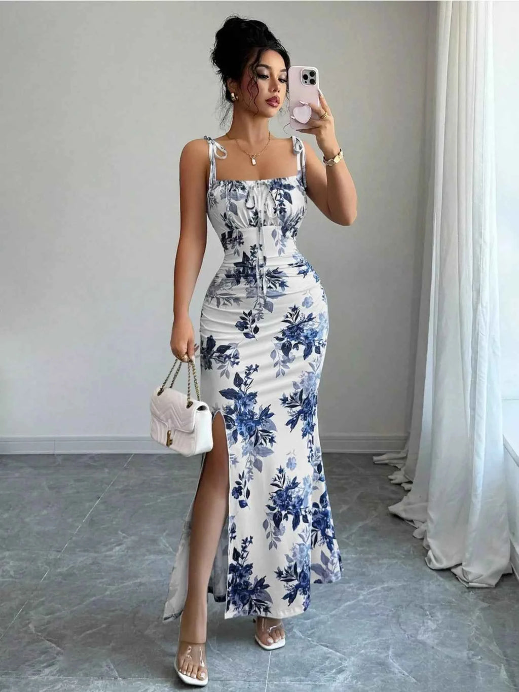 Printed Tie Strap Slit Maxi Dress-Maxi Dress.-Splashis-Color:Peacock Blue-Size:M-Splashis
