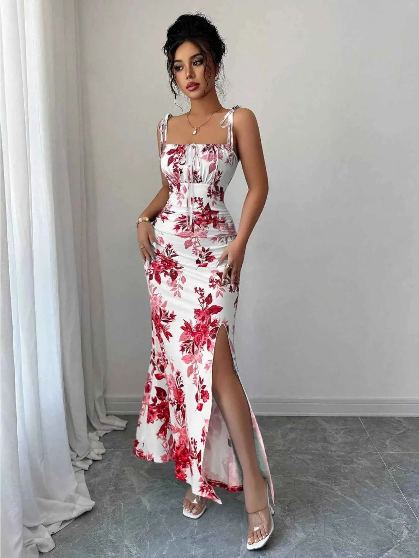 Printed Tie Strap Slit Maxi Dress-Maxi Dress.-Splashis-Splashis