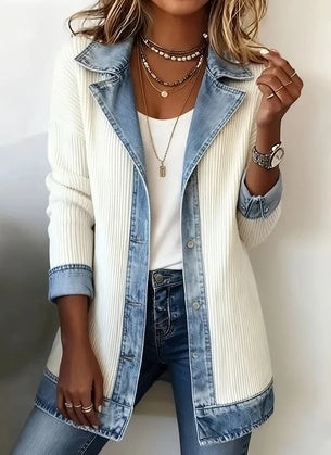 Women's cream jacket with blue denim-look lapels and front trim