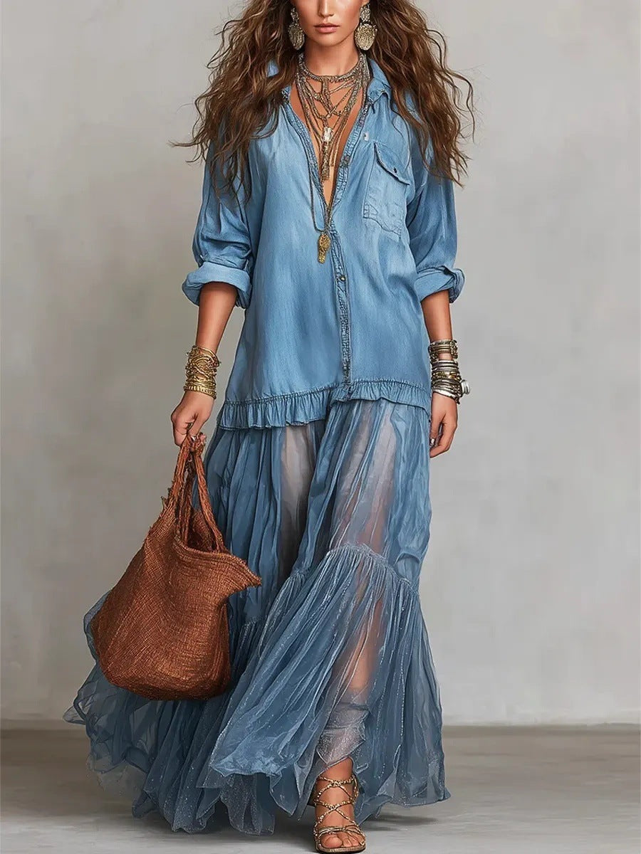Product detail photo of Faux Denim Lapel Maxi Dress, faux denim lapel maxi dress, everyday style