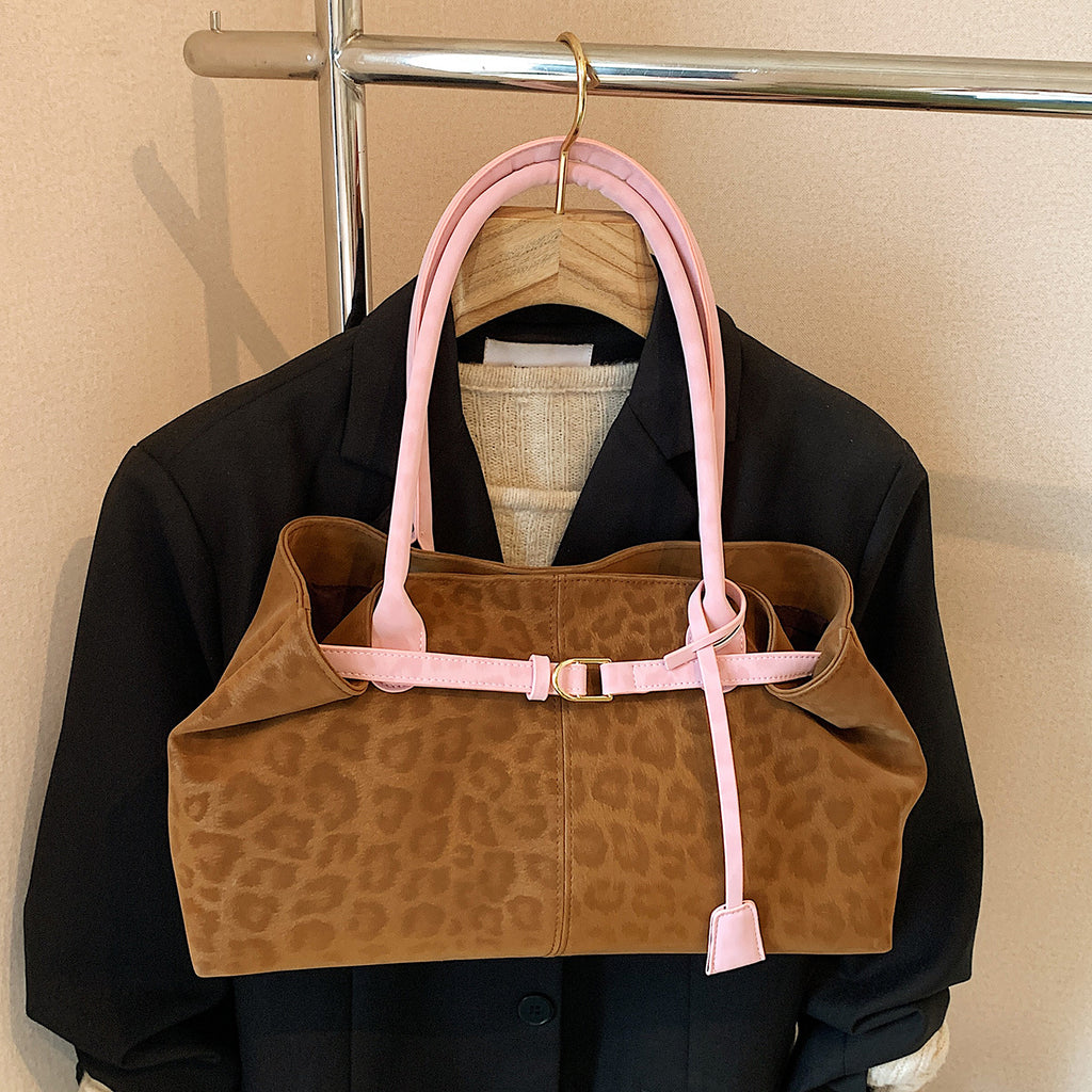 Leopard Print Patchwork Shoulder Bag - Minimalist PU Bag for Women, close-up product view
