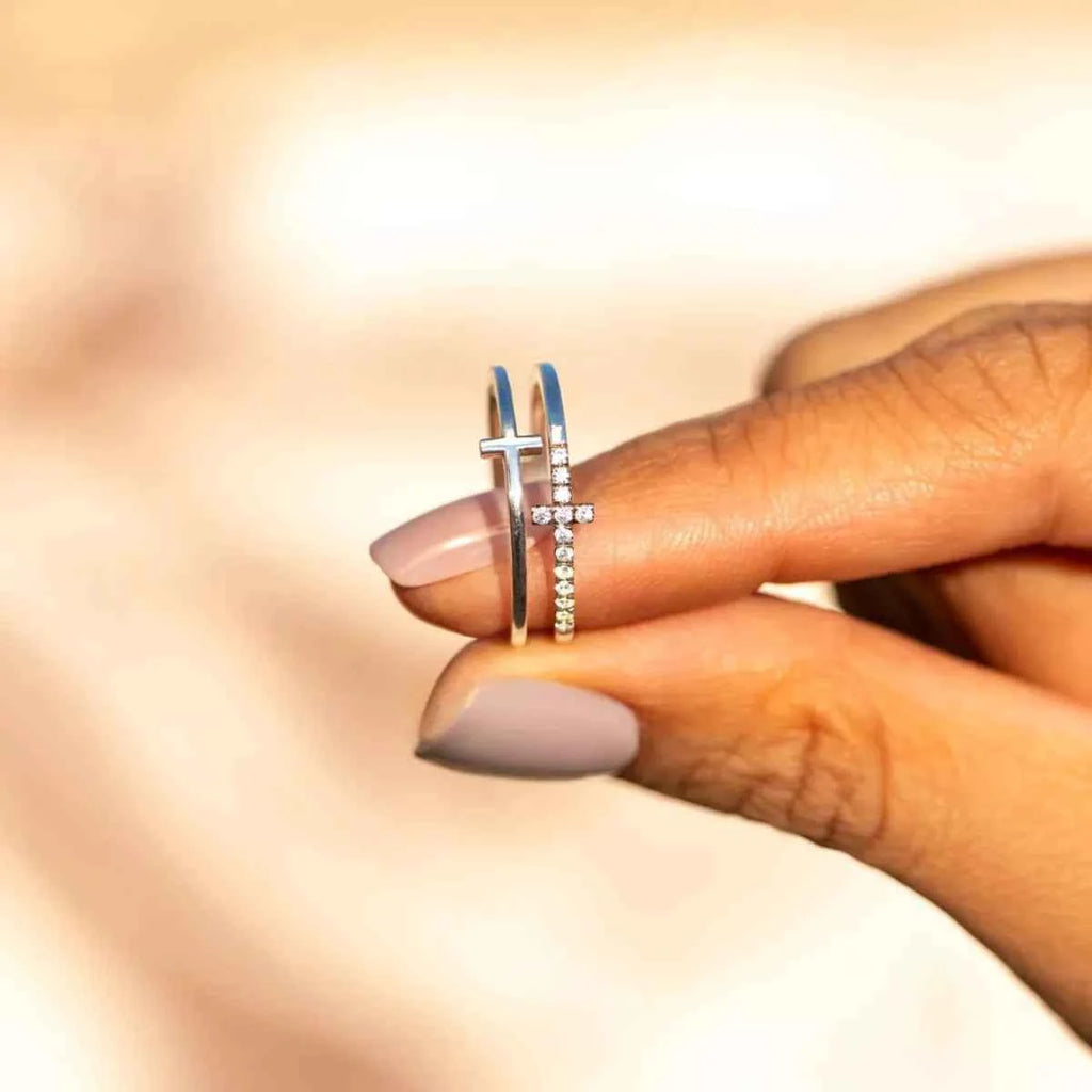 Double band zircon cross ring in silver-plated alloy — additional view 7