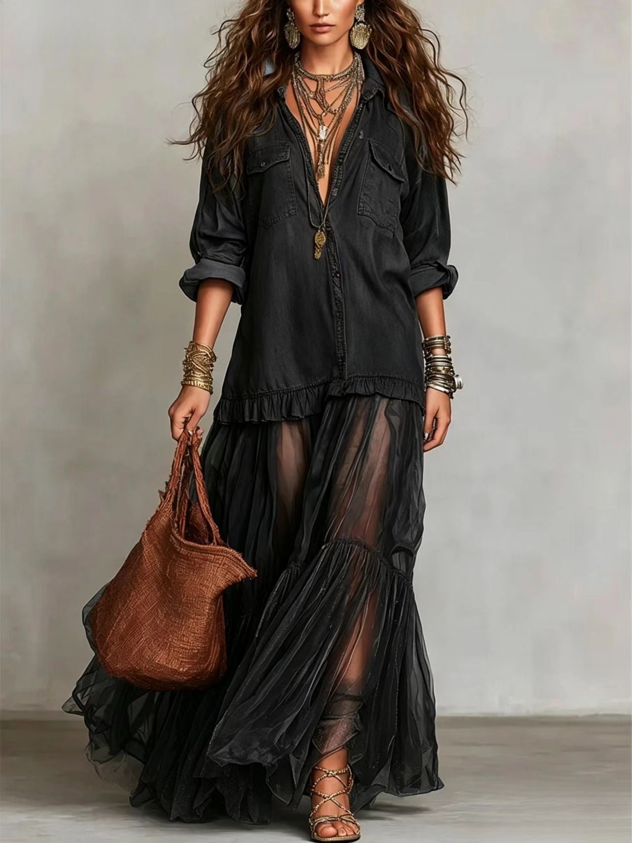Product detail photo of Faux Denim Lapel Maxi Dress, faux denim lapel maxi dress, everyday style