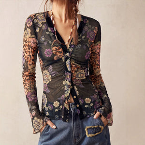 Black Panther Pattern printed long sleeve shirt - slim fit retro for women