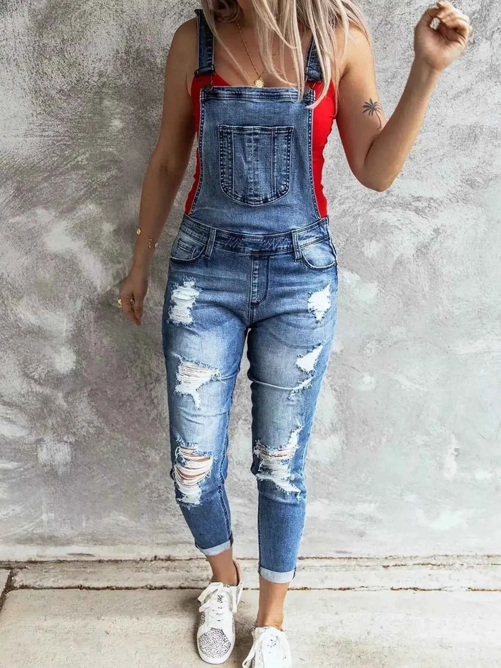 Distressed denim overalls — additional view 3