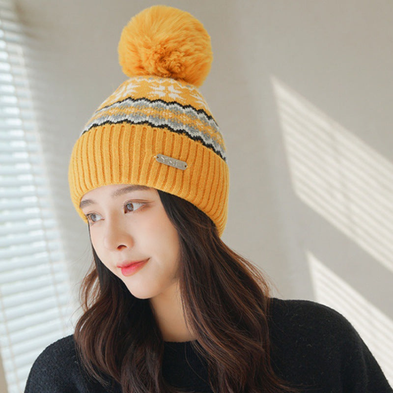 Yellow pom pom knit beanie with ear flaps for women