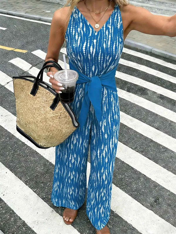 Wide Leg Tie Waist Printed Jumpsuit-Jumpsuit-Splashis-Splashis