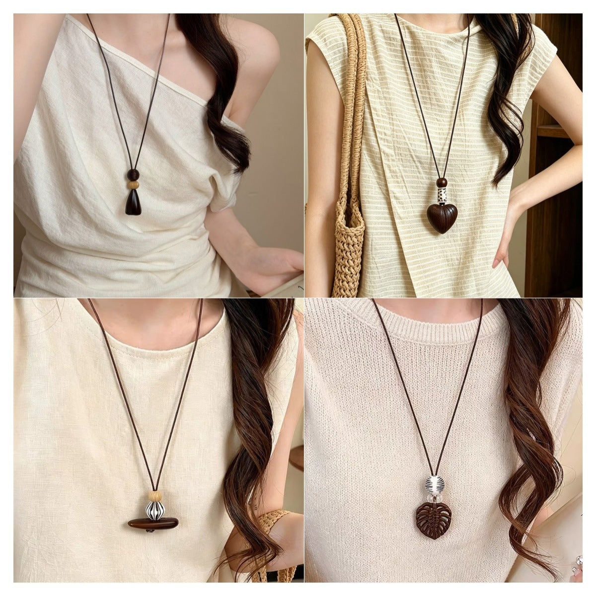 Four long pendant necklace styles with heart, tassel and bar designs, worn by models