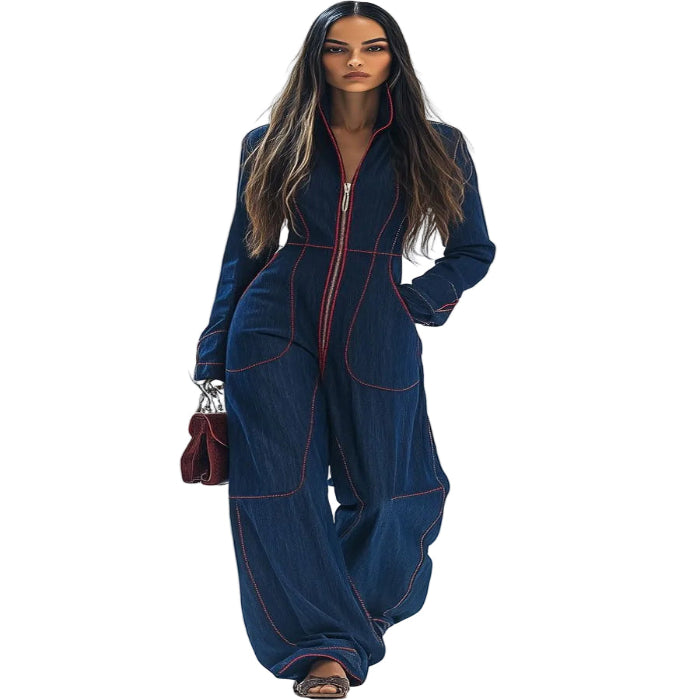 V-Neck Flap-Pocket Slim Jumpsuit