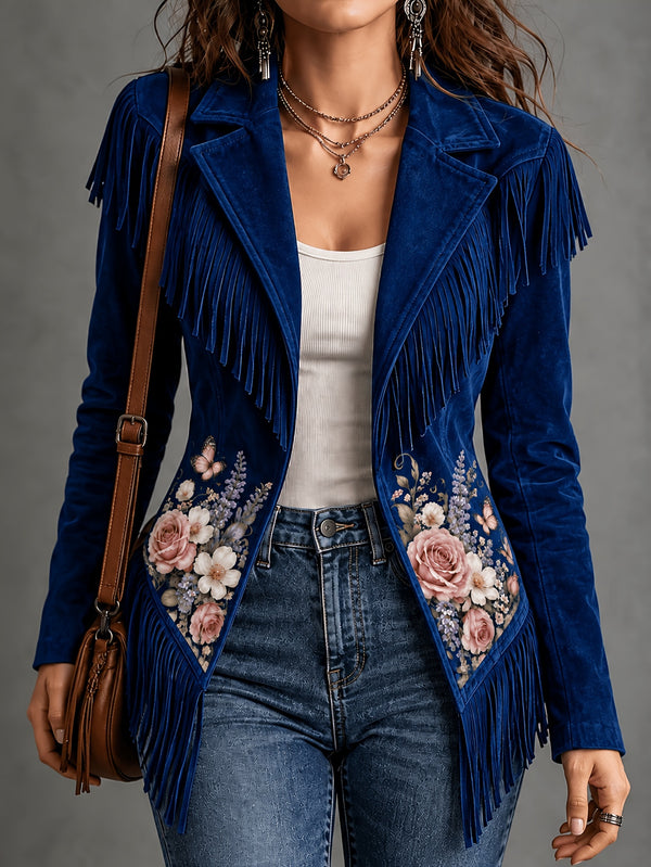 Navy blue women's jacket with floral details and fringe along the shoulders and hem