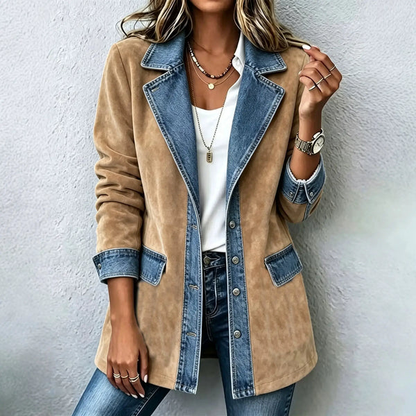 Camel women's suede-look patchwork slim-fit jacket
