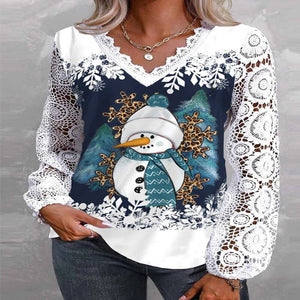 White snowman print Christmas blouse – lace sleeves, V neck for women