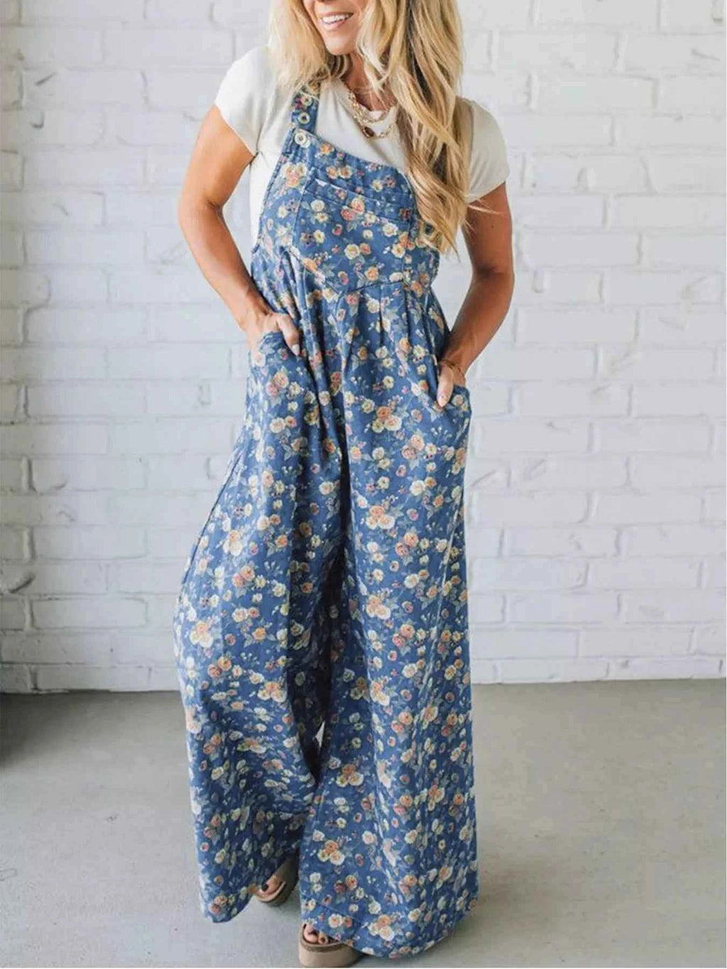 Floral print wide leg denim overalls — additional view 2
