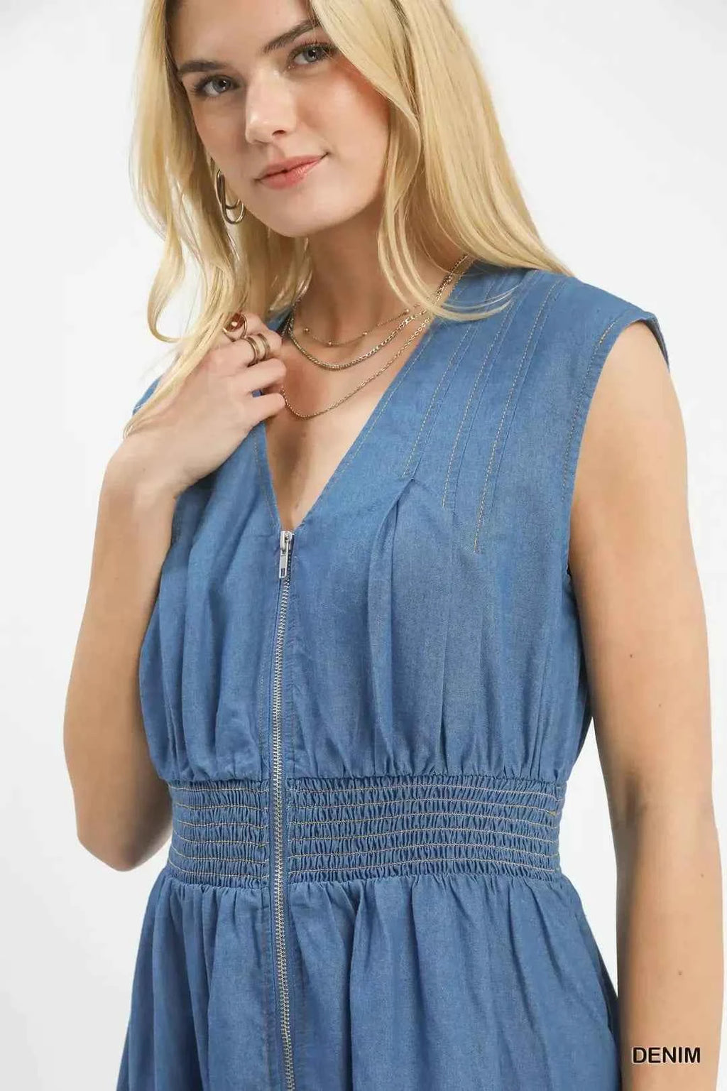 Denim sleeveless zip-front smocked waist midi dress — additional view 5