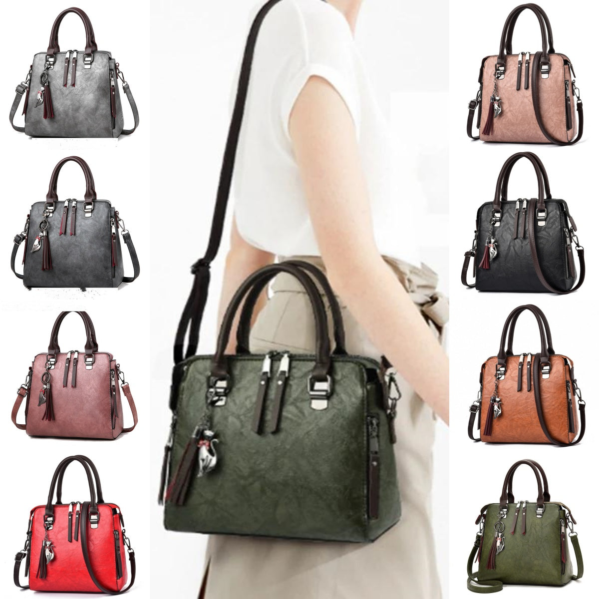 Vintage PU Leather Tassel Top-Handle Tote Bag for Women, shown in a clear product image